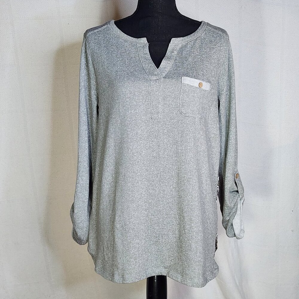 Kori America Gray Chest Pocket Neutral Paisley Back Tab Sleeve Cotton Poly Top L